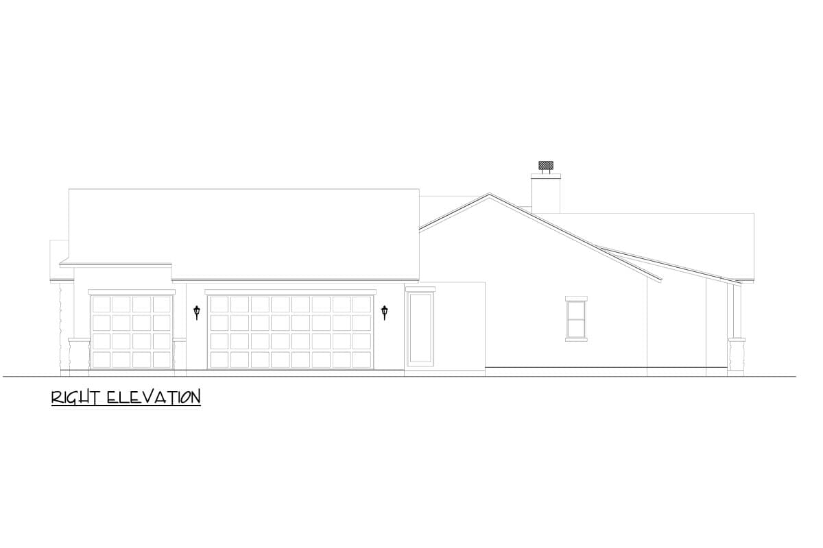 House plan right elevation: two-car garage, single story, gable roofline, chimney, covered porch.