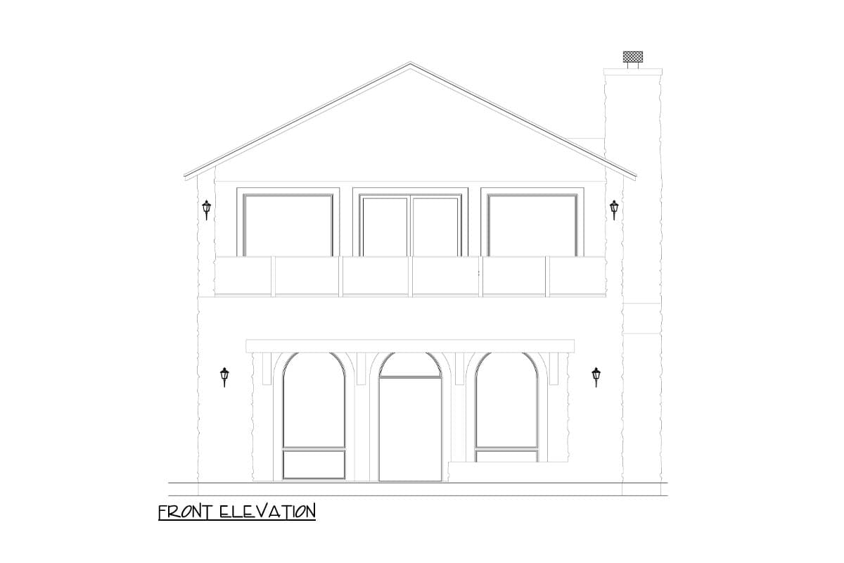 Front elevation drawing of a two-story house plan featuring a gabled roof, second-story balcony, and arched entryway.