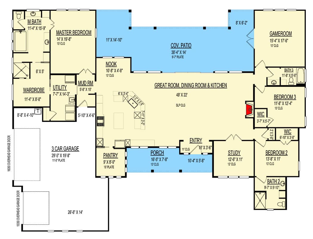 Plan 264089KMD: 3 Bed 3 Bath 3 Car Hill Country House Plan - 3362 Sq Ft - Floor Plan - Main Level - Contemporary, Hill Country, Ranch