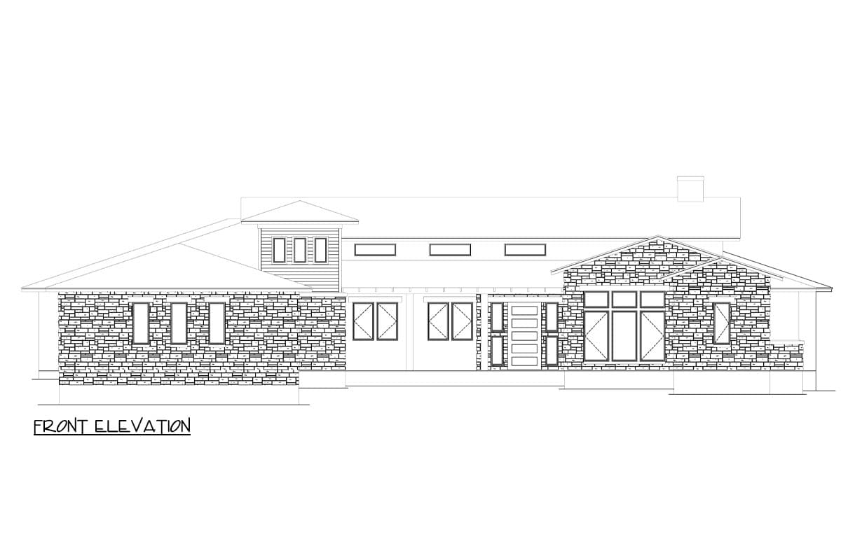 Front elevation drawing of a single-story house plan with stone veneer, multiple window types, and a central entryway.