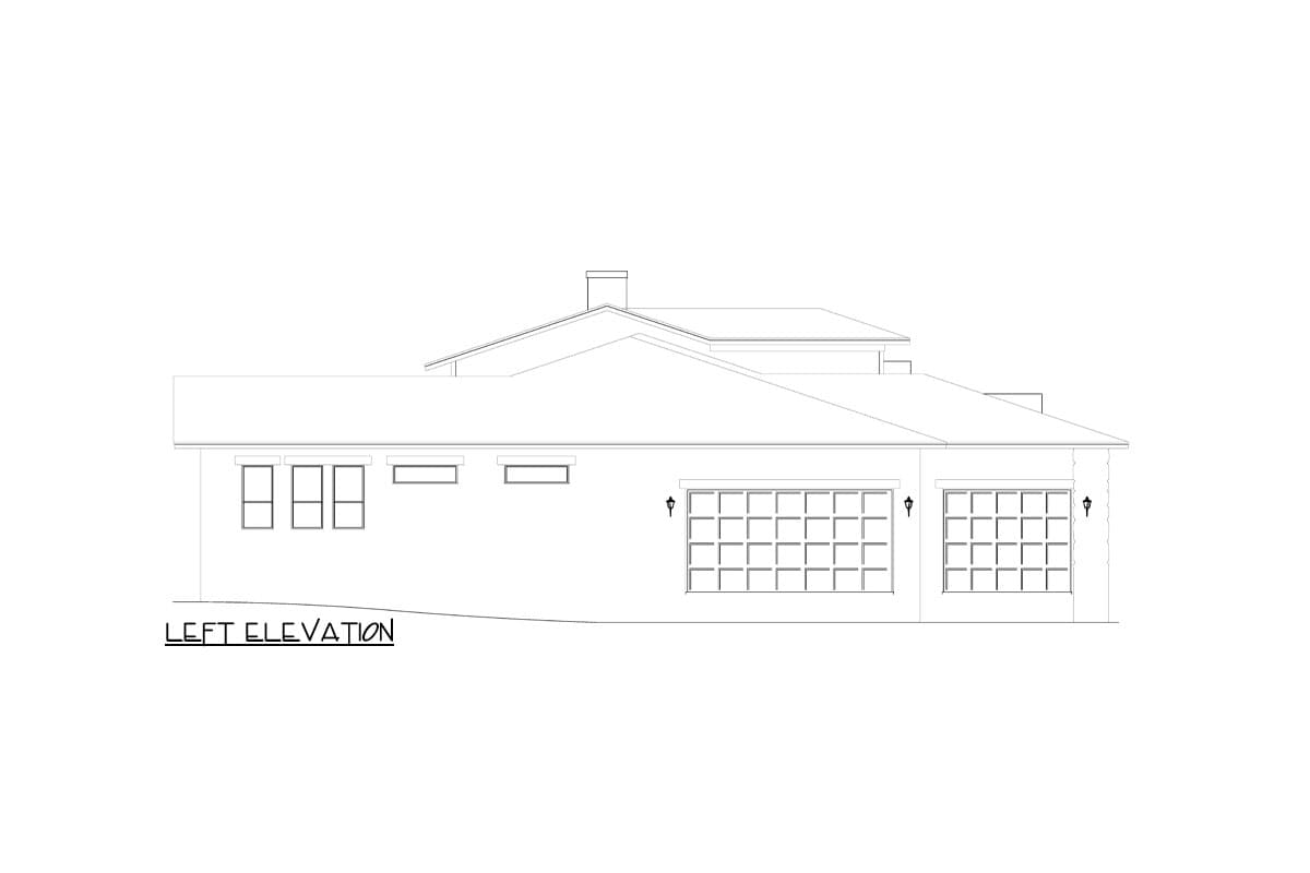 Left elevation drawing of a house plan, showing a single-story structure with a prominent hip roof, two garage doors, and a bank of three windows.