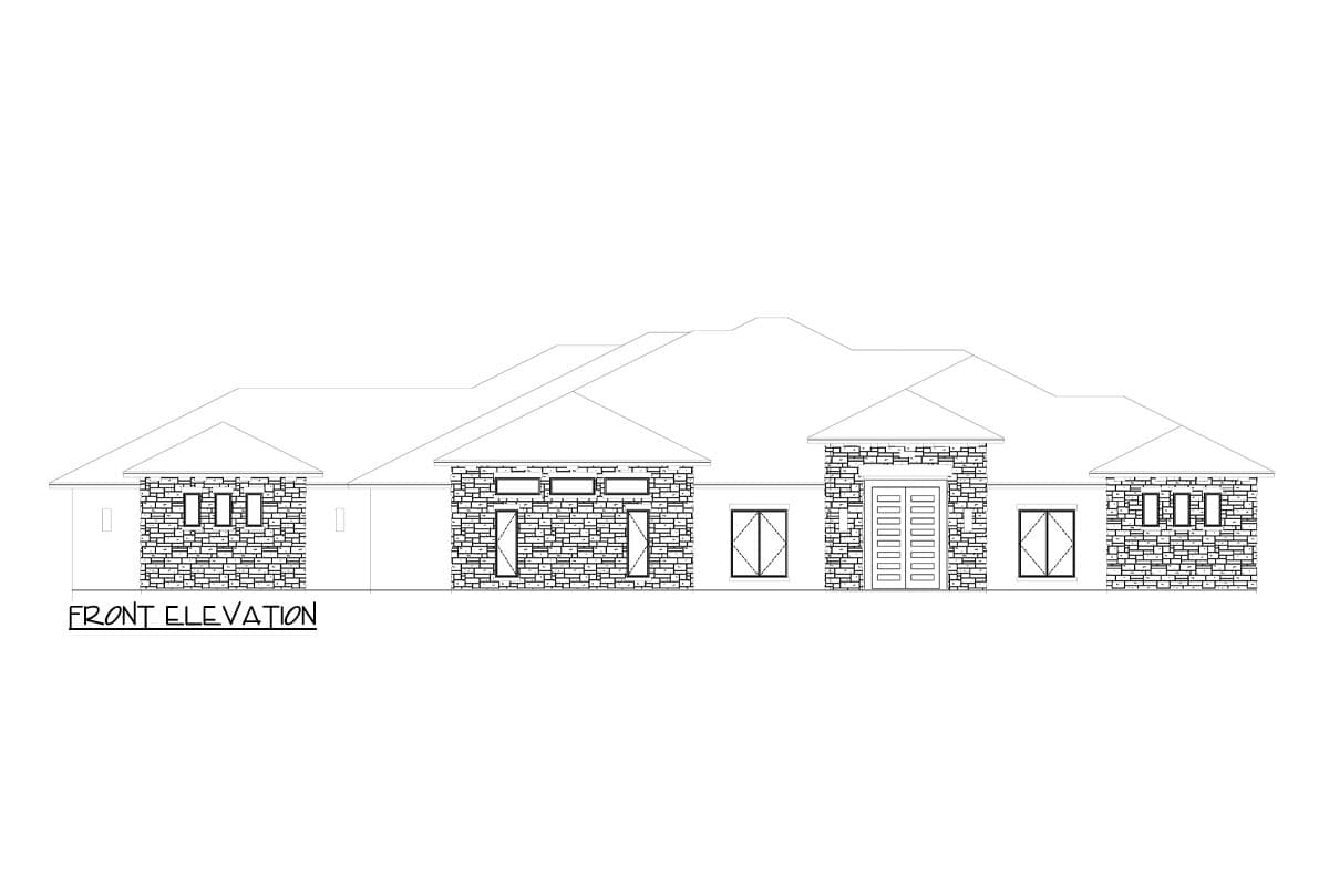 Front elevation drawing of a single-story house with stone accents, multiple gables, and a prominent entrance.