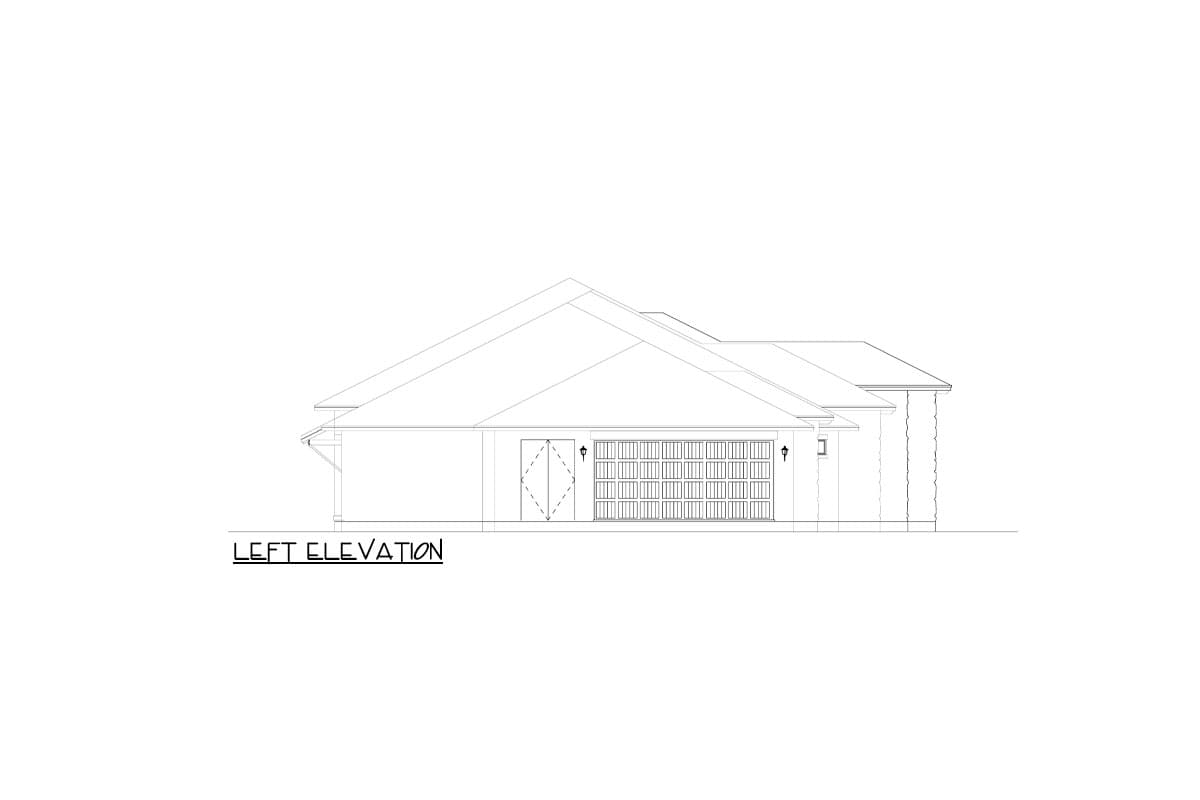 Left elevation of a house plan showing a gabled roof, a two-car garage, and an entry door.