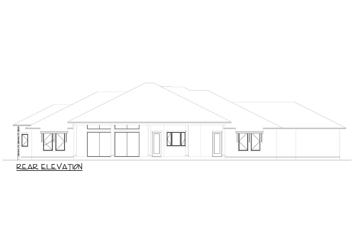 Rear elevation drawing of a single-story house plan featuring multiple sliding glass doors, varied window styles, and a low-pitch hip roof.