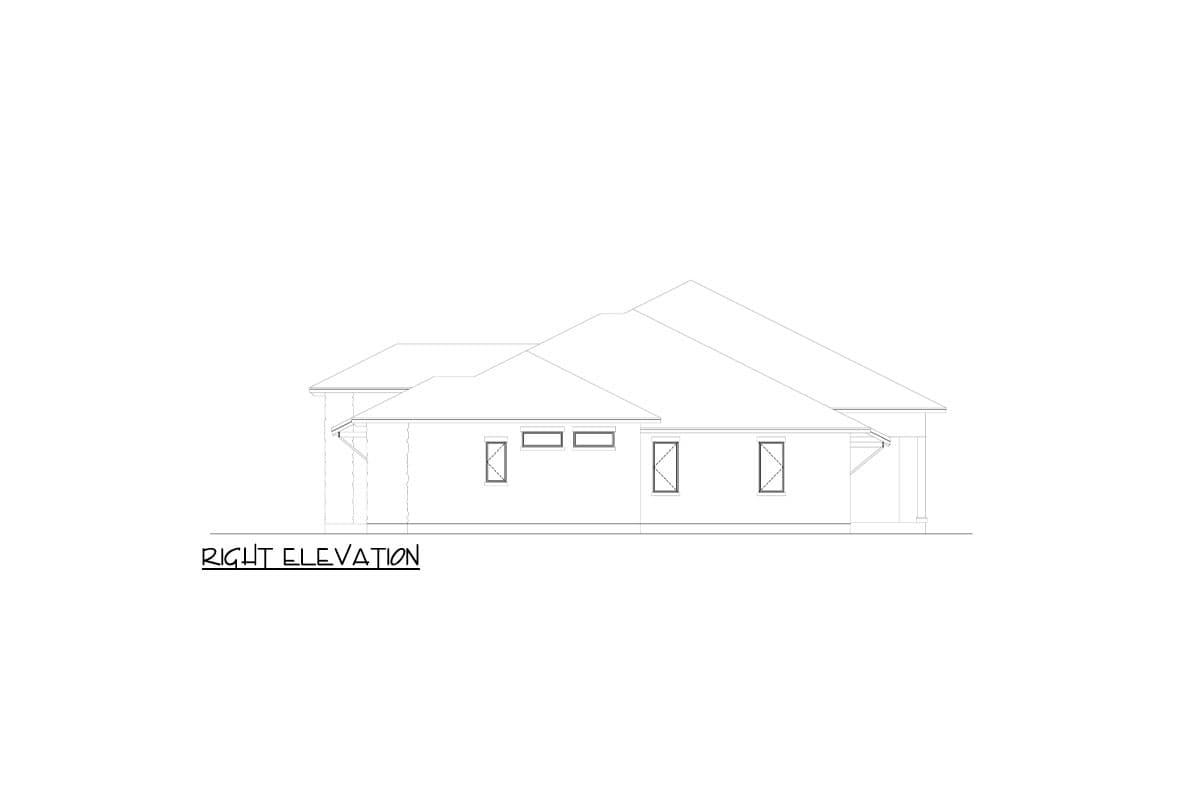 Right elevation of a house plan showing a single story with sloped rooflines and multiple windows.