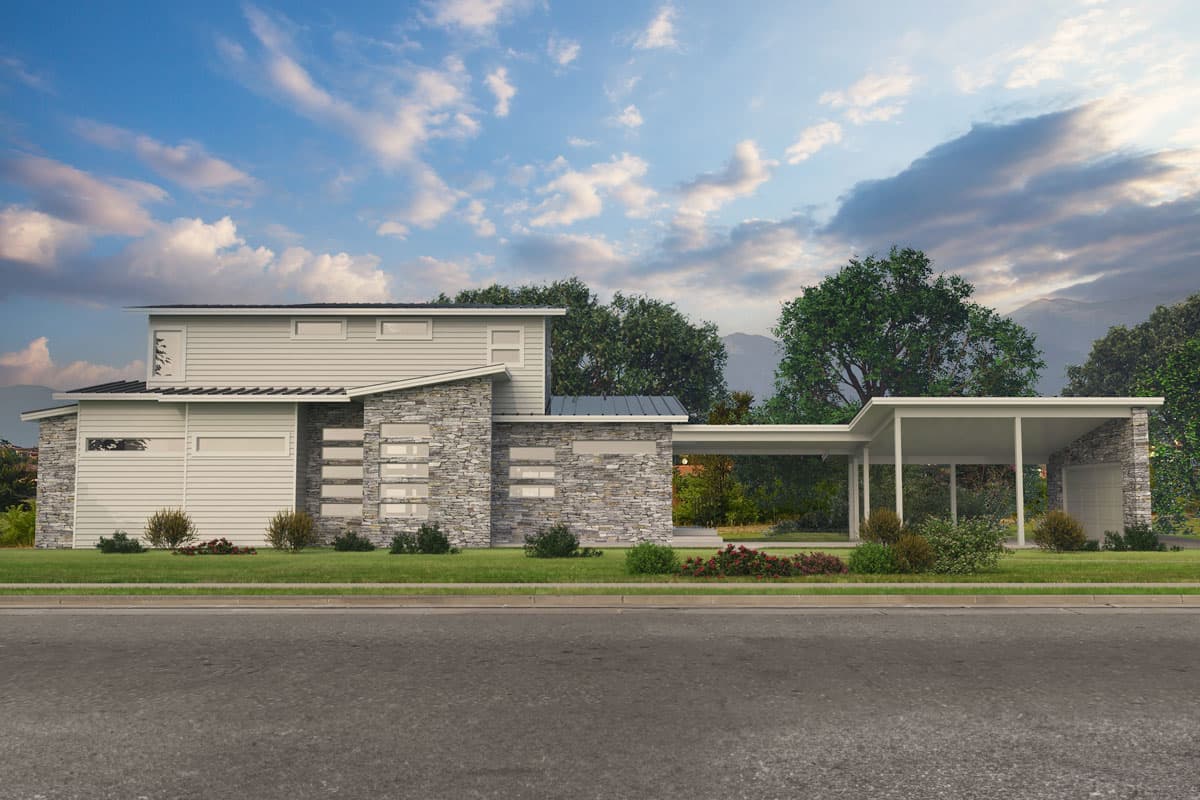 House plan exterior with two stories. Features include a flat roof, stone facade accents, multiple rectangular windows, and a carport.