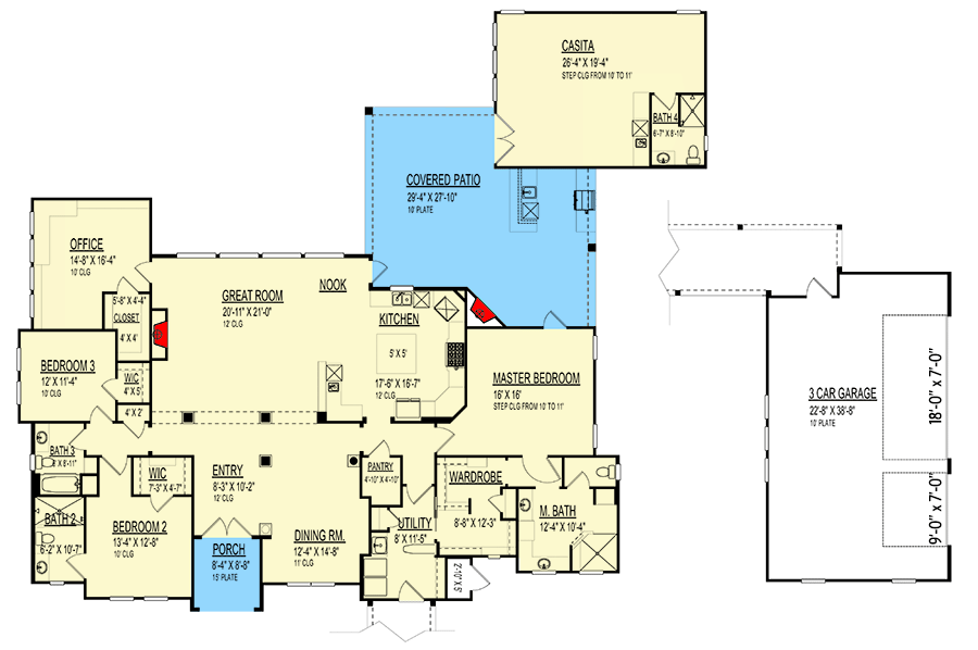 Plan 264096KMD: Transitional House Plan with Casita or In-Law Apartment - 3523 Sq Ft - Floor Plan - Main Level - European, Mediterranean, Spanish, Transitional