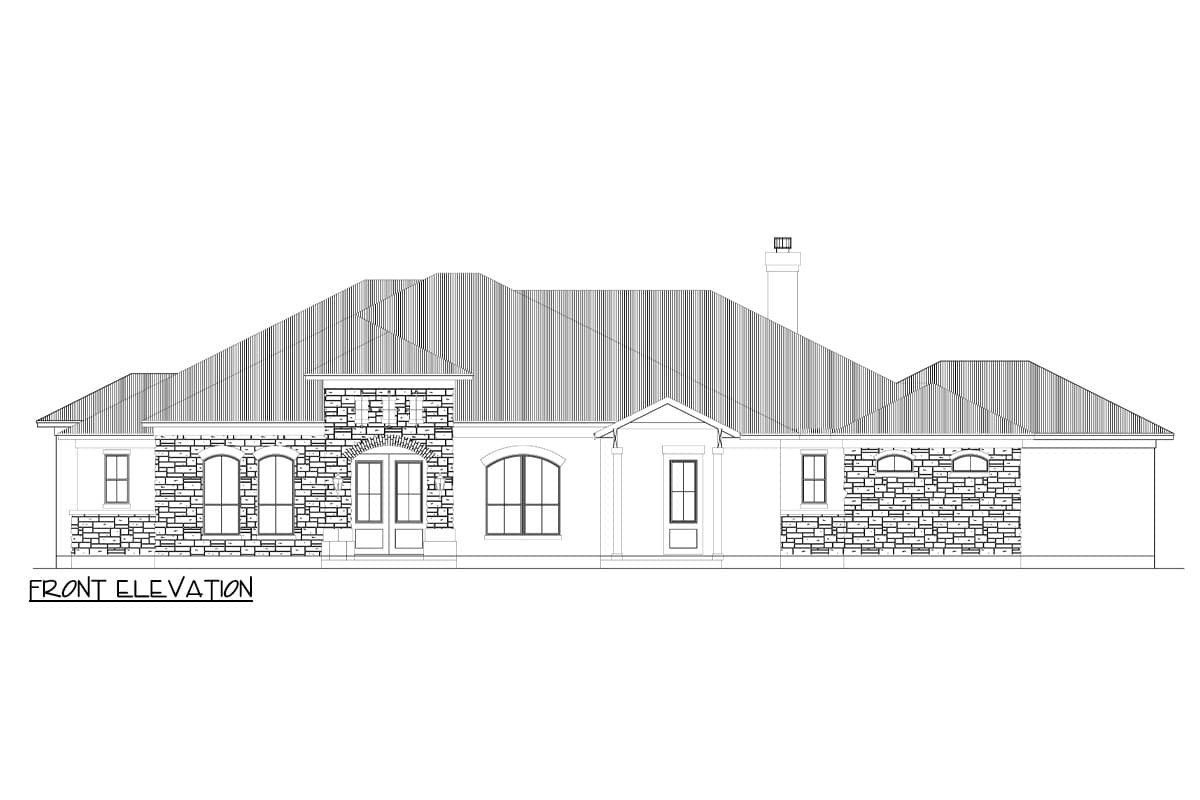 Front elevation drawing of a single-story house plan with stone accents, arched windows, and a prominent entryway.