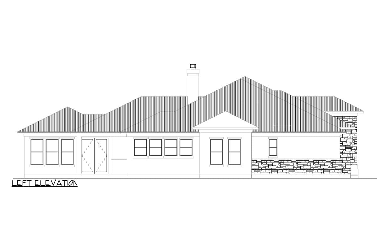 Left elevation house plan featuring a single story with multiple gables, a chimney, numerous windows, and stone facade accents.