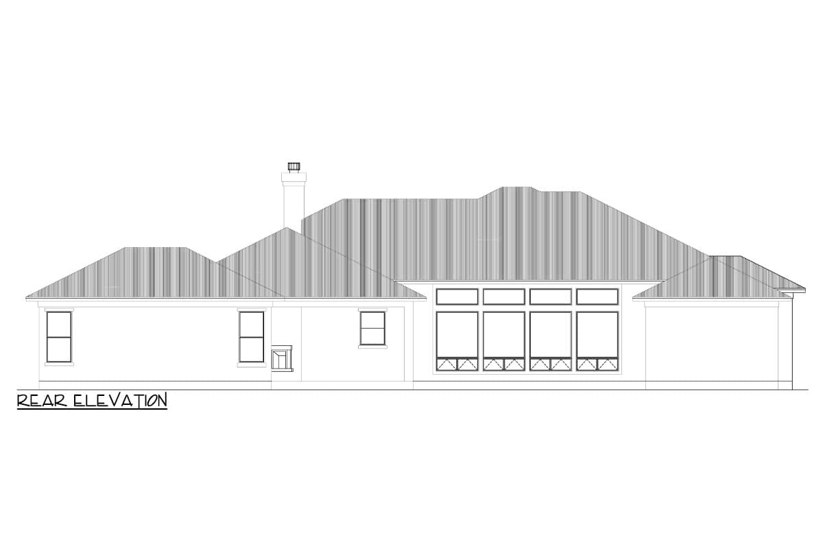 Rear elevation drawing of a single-story house with multiple gables, a chimney, and a long bank of windows.