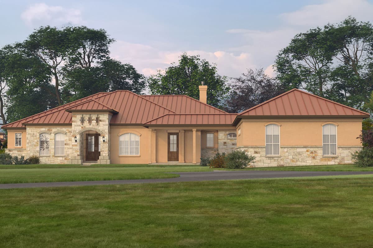 House plan exterior featuring a single-story design, stucco and stone facade, arched entryway, and a copper metal roof with multiple rooflines.