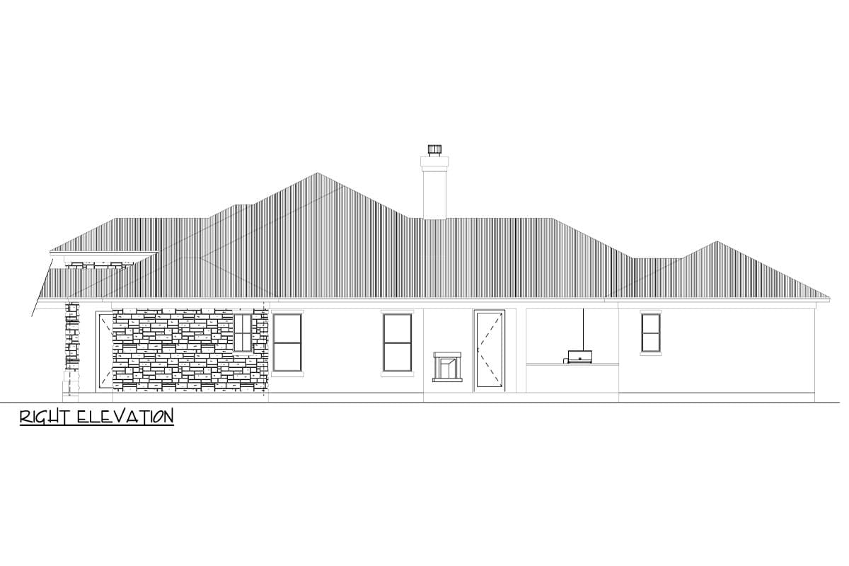 Right elevation drawing of a house plan featuring a pitched roof, stone exterior accents, windows, a door, and an outdoor kitchen.