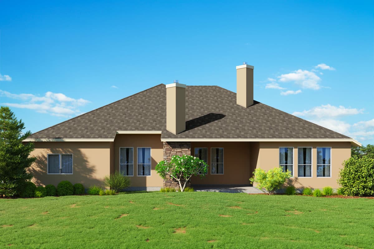 House plan exterior of a one-story home with a hip roof, two chimneys, and multiple windows.