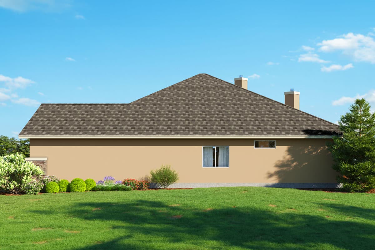 House plan exterior, single story, hipped roof with two chimneys, two windows visible on side elevation.