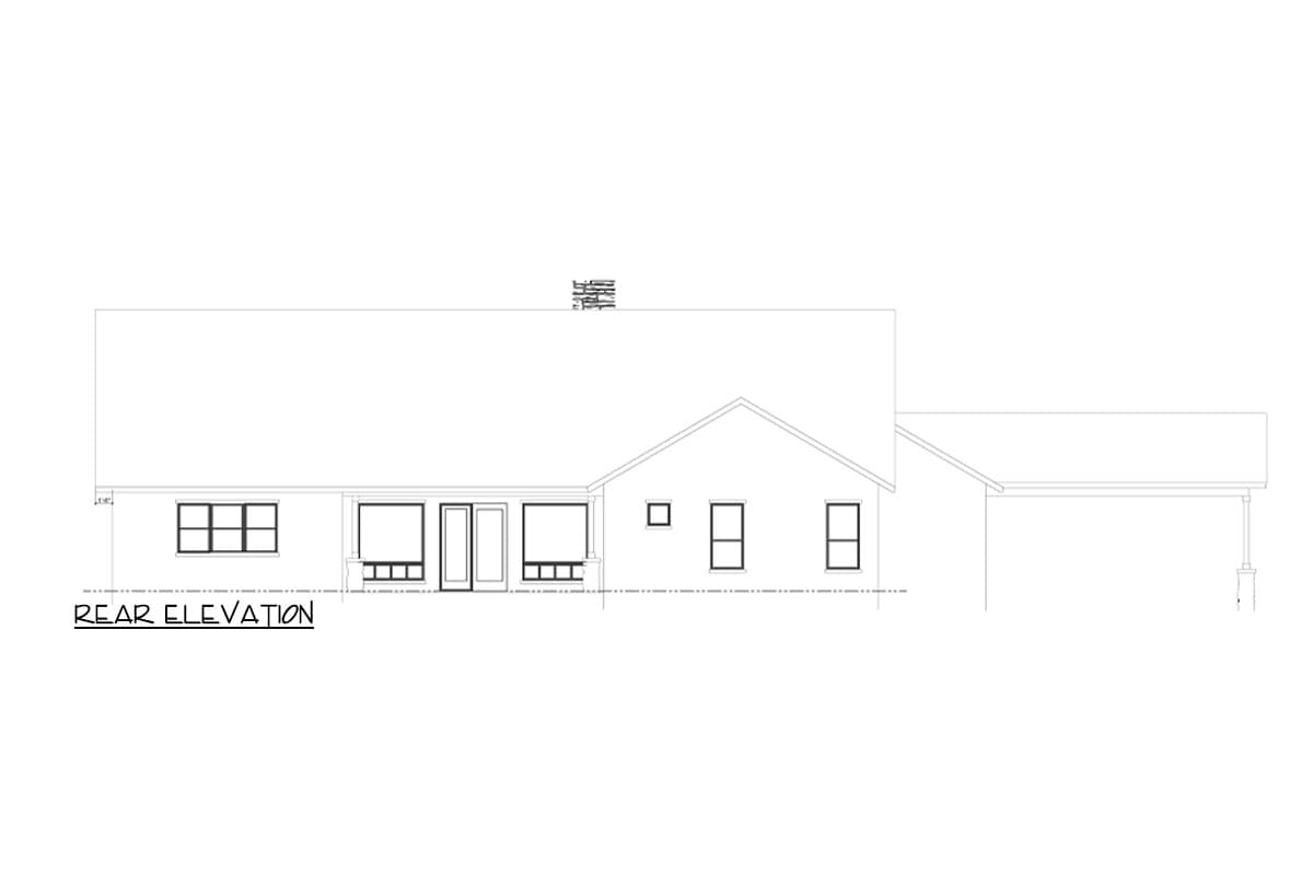 Rear elevation drawing showing a house with a hip roof, multiple windows, and an attached carport.