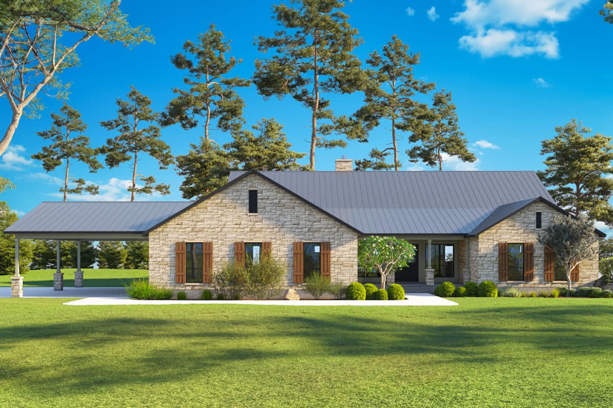 House plan exterior. One-story ranch-style home with gabled roof, stone facade, and a covered carport. Features include shutters and a chimney.
