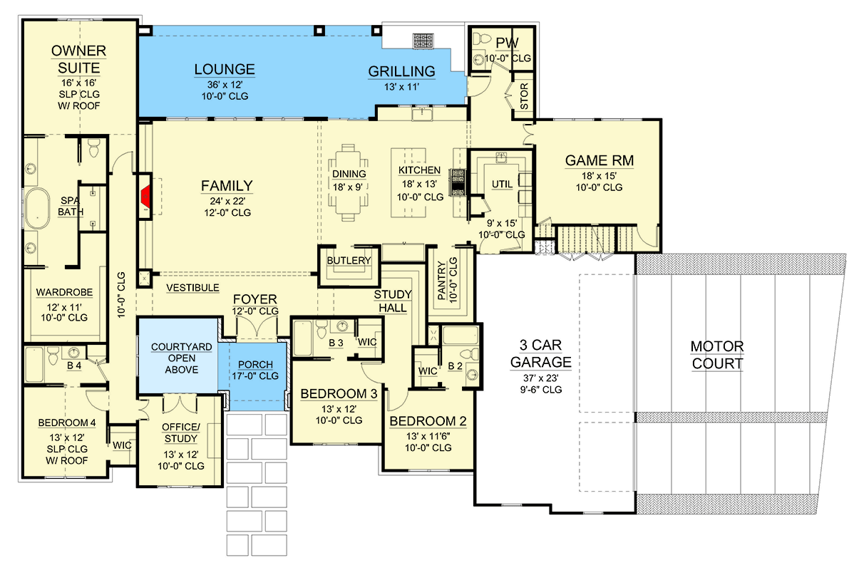 Plan 36699TX: Spanish Influenced House Plan with Courtyard, Game and Fitness Rooms - 3936 Sq Ft - Floor Plan - Main Level - European, Southwest, Spanish, Transitional