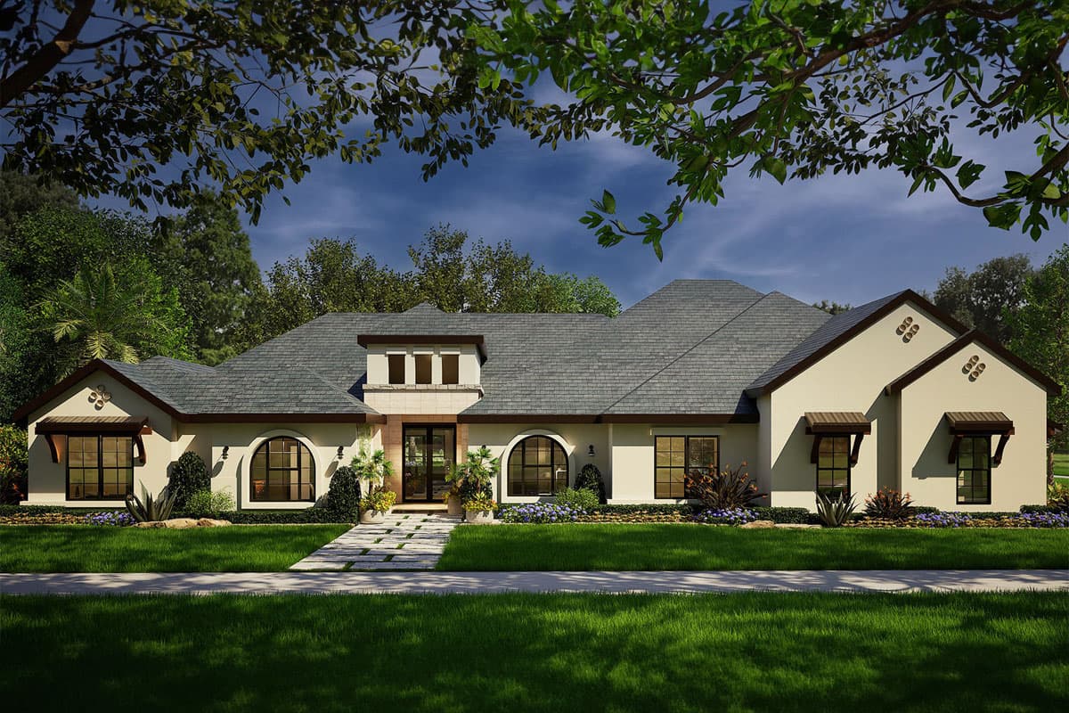 House plan exterior. One-story house with a gabled roof, arched windows, and a dormer. Features include covered entry and decorative brackets.