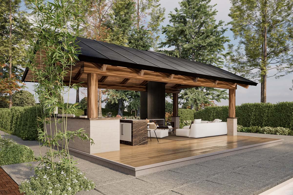 House plan exterior. Open-air structure with timber frame and black corrugated metal roof. Includes outdoor kitchen, seating area, and fireplace.