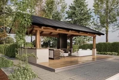 Pool House Plan with Outdoor Fireplace and Kitchen - 432 Sq Ft