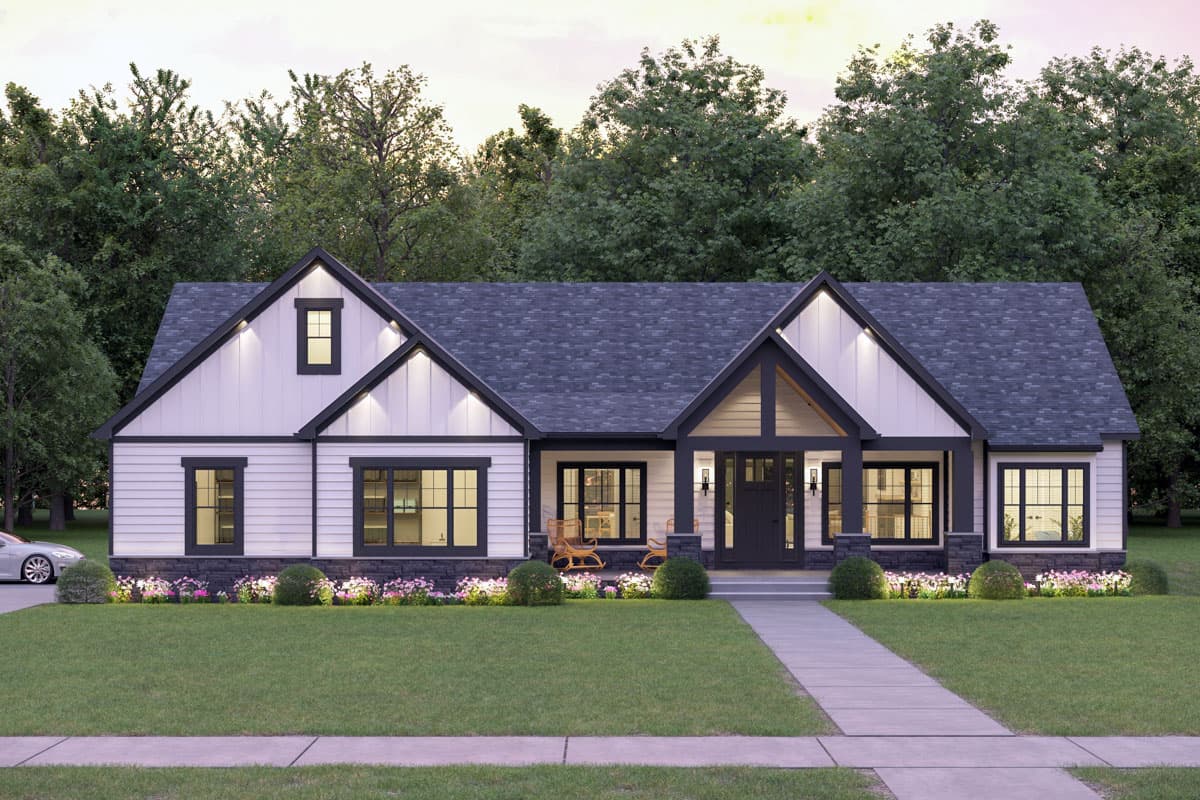 House plan exterior. Modern farmhouse style with gabled roof, prominent front porch with pillars, and vertical siding. Single story home.