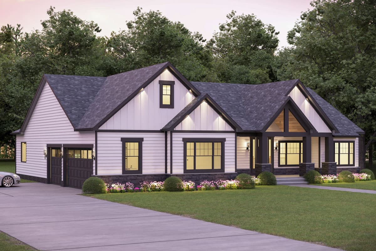 House plan exterior: Modern Farmhouse style, one-story, with a gabled entrance, double garage, and board and batten siding.
