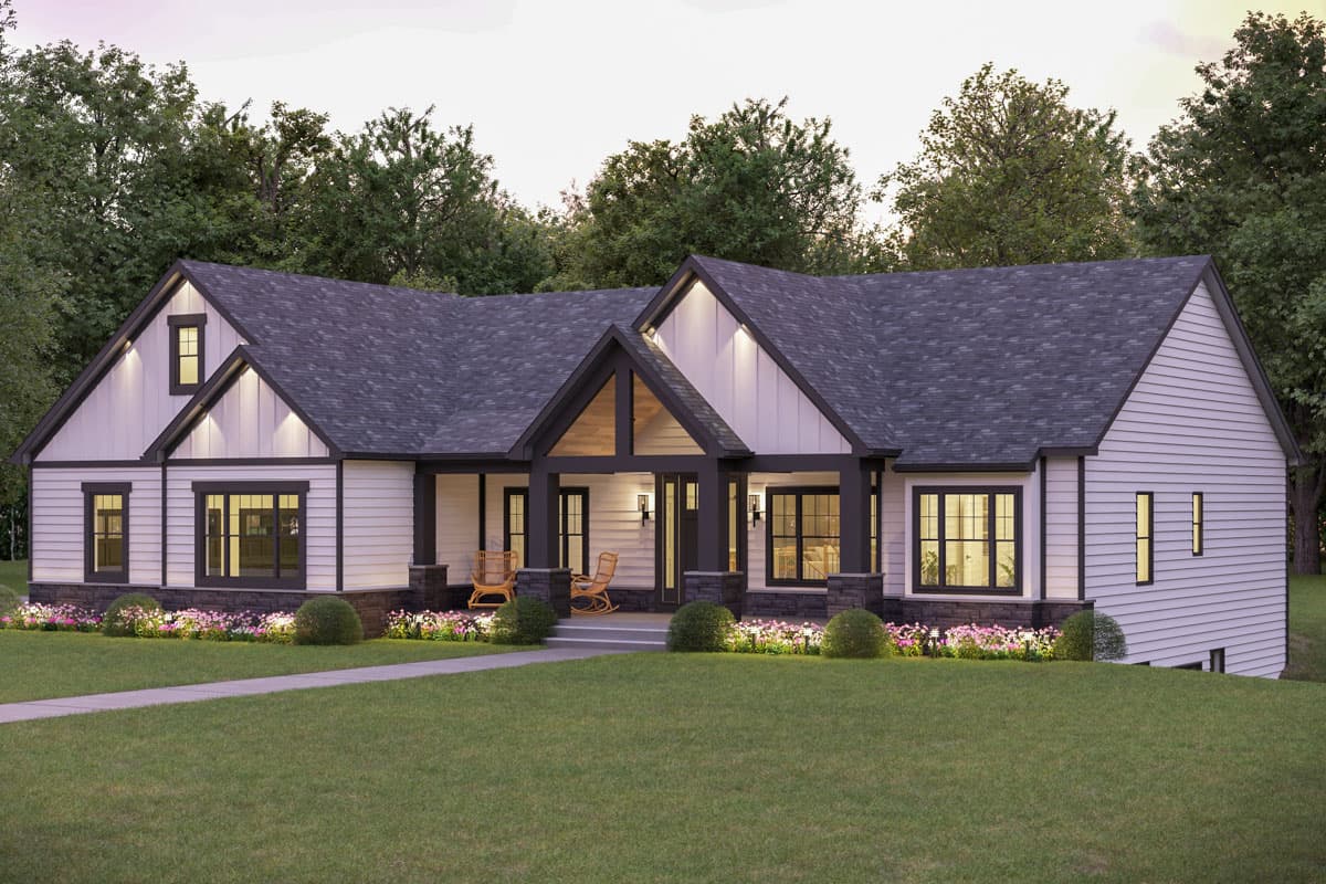 Modern Farmhouse house plan exterior with gables, a covered front porch, and white siding.