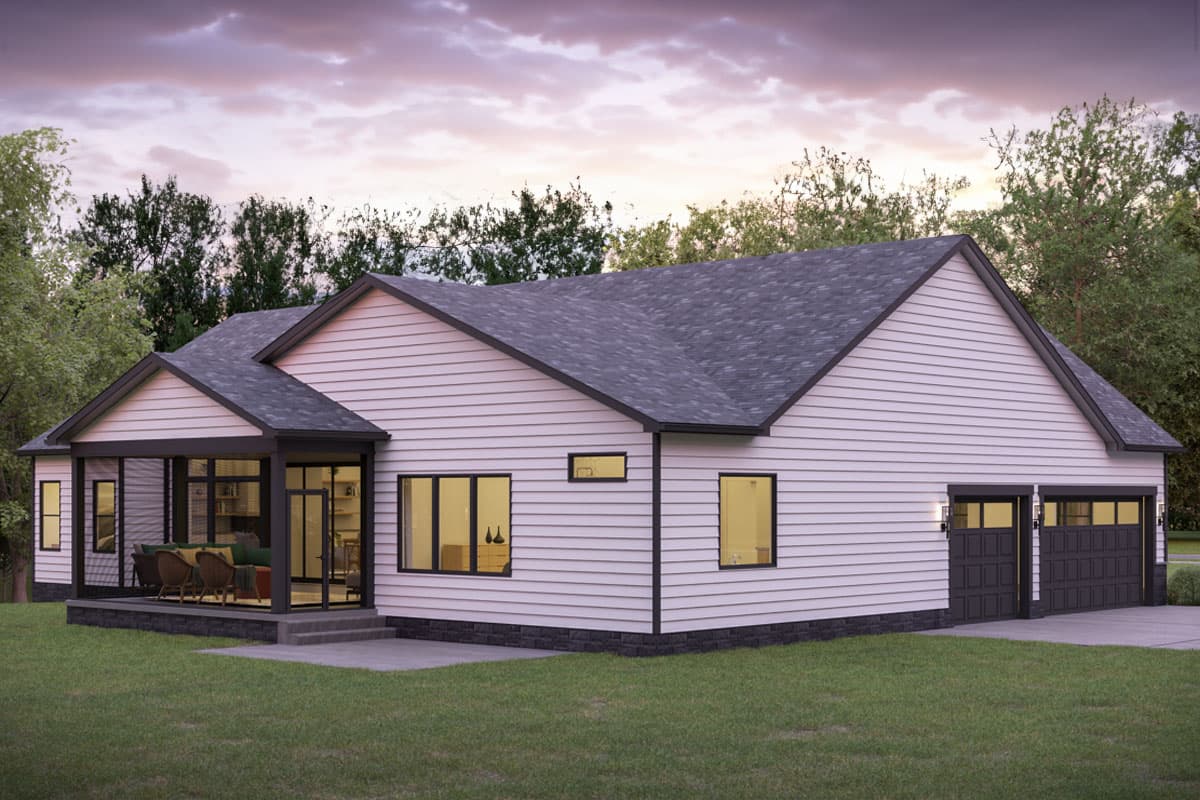 House plan exterior: Modern Ranch style, one story, with a screened porch, multiple gables, and a two-car garage.