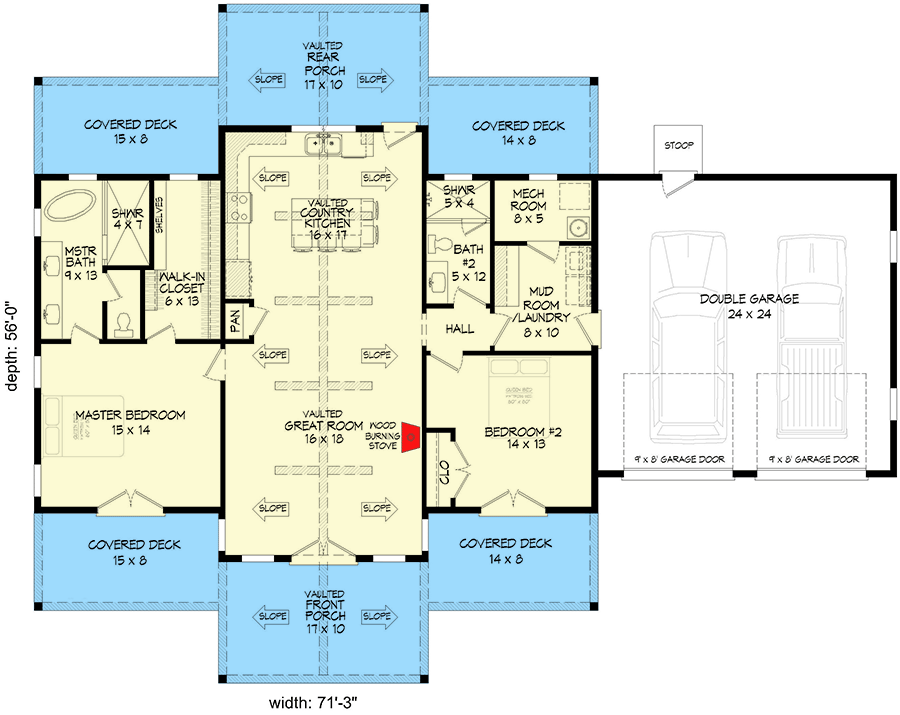 Plan 680293VR: 2-Bed Cabin House Plan with Vaulted Interior and a 2-Car Garage - 1442 Sq Ft - Floor Plan - Main Level - Contemporary, Mountain, Ranch