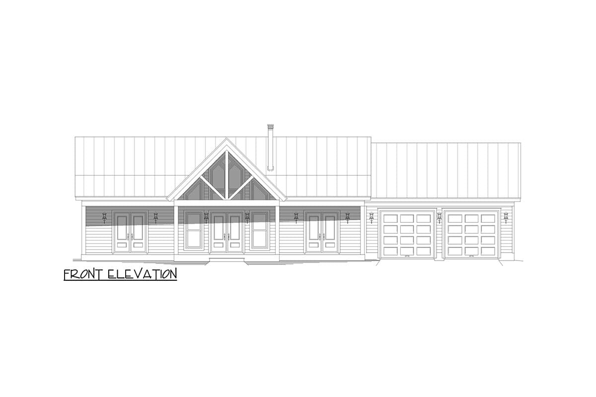 Front elevation of a house plan featuring a prominent gable with exposed beams, a covered porch, and a three-car garage.