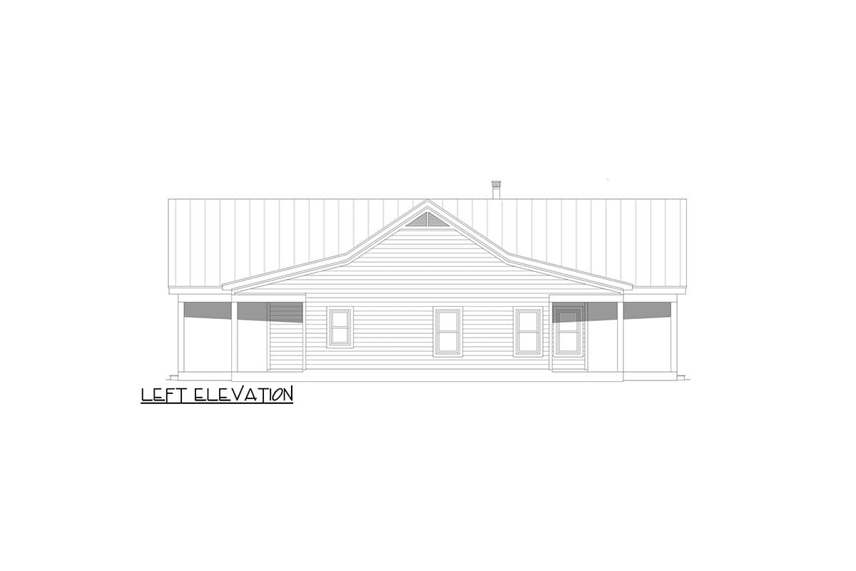 Left elevation house plan of a single-story home with a metal roof, covered porches, and visible gables.