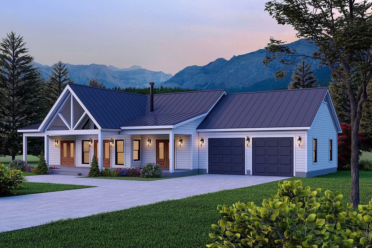 House plan exterior. Ranch style with a gable roof, covered porch, and attached garage. Includes dormers and a chimney.