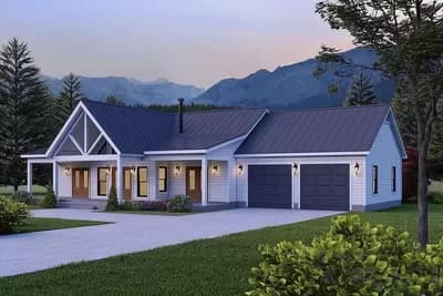 2-Bed Cabin House Plan with Vaulted Interior and a 2-Car Garage - 1442 Sq Ft