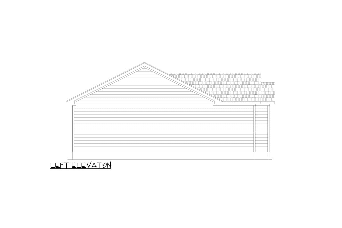 Left elevation drawing of house plan with horizontal siding and gabled roof.