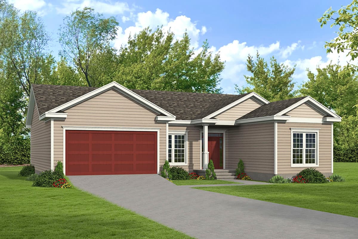 House plan exterior with a single story, front-facing garage, gabled roof, and covered entry porch. Features siding and a red garage door.