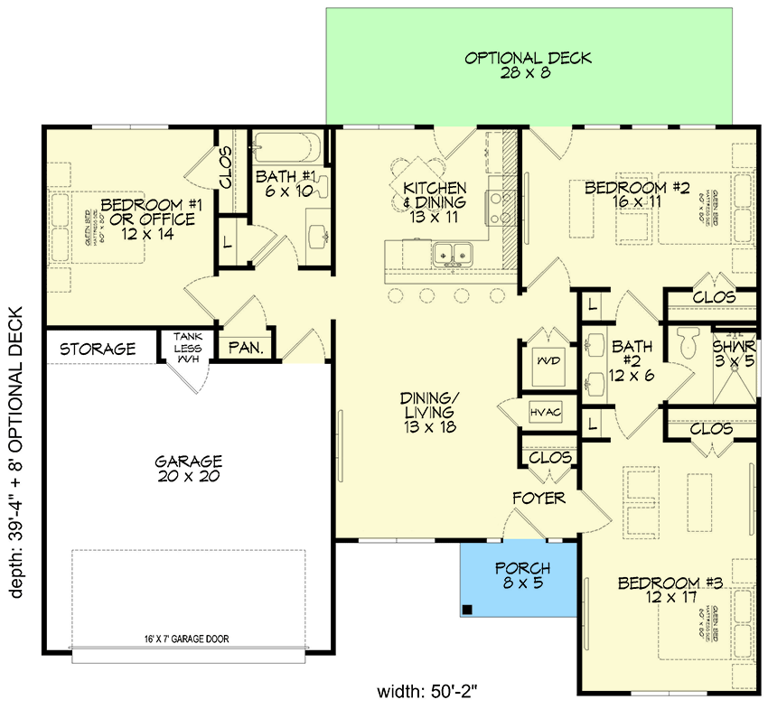 Plan 680295VR: Ranch House Plan with Flex Room and Jack and Jill Bath - 1329 Sq Ft - Floor Plan - Main Level - Country, Craftsman, Mountain
