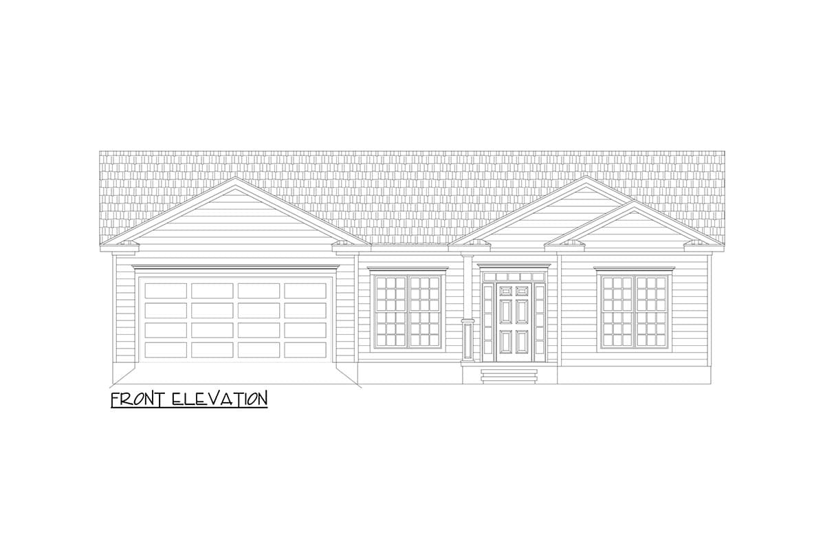 Front elevation drawing of a single-story house with a two-car garage, prominent gable, and centered entry with sidelights.