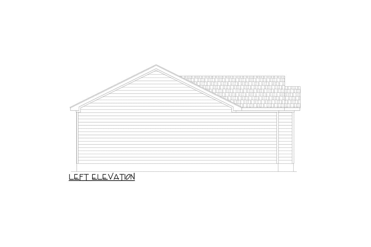 Left elevation drawing of a house plan featuring horizontal siding and a gable roof.