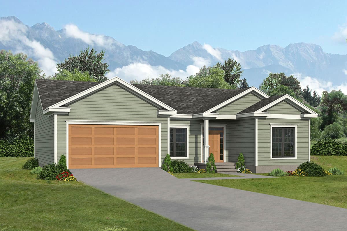 House plan exterior with a single story, garage, gabled roof, and covered porch. The house has a light green siding and a dark gray roof.