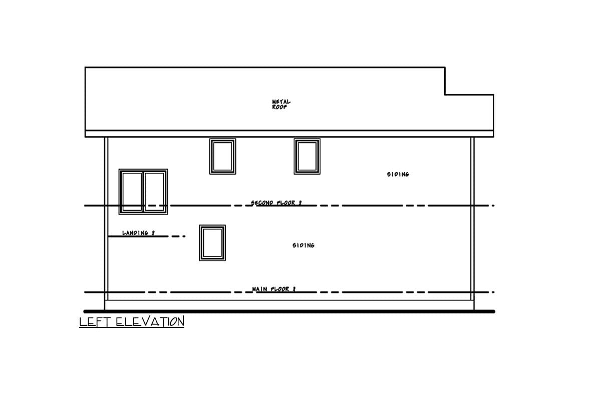 Left elevation drawing of a two-story house with a metal roof, siding, and three windows.