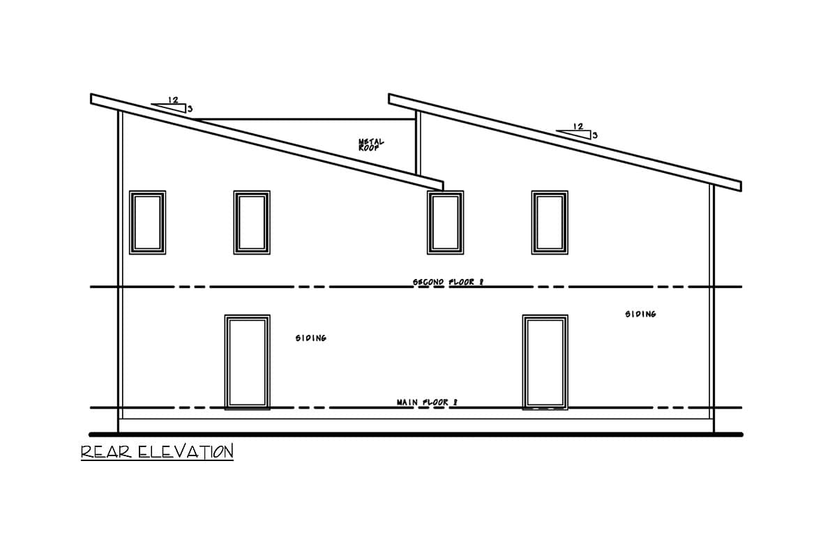 Rear elevation drawing of a two-story house plan with siding and a metal roof with a shed roofline.