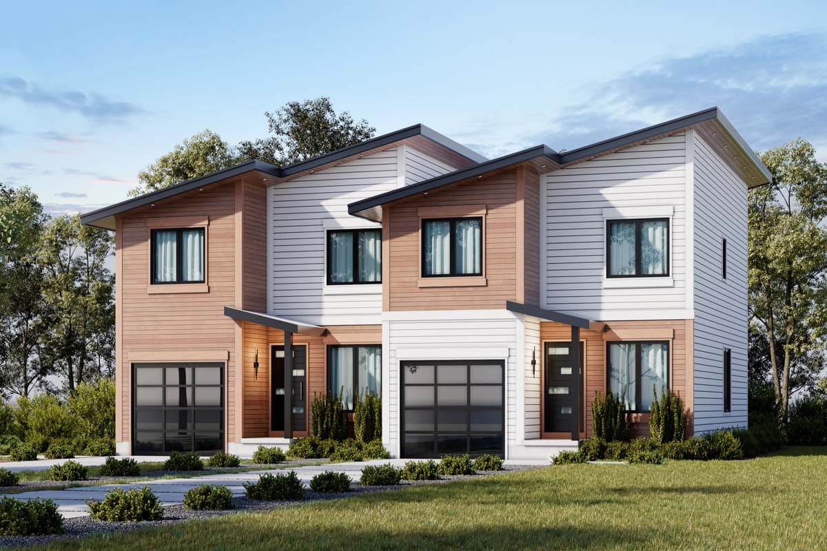 House plan exterior. Two-story Modern style with shed roof, wood siding, and glass garage doors. Features include covered entry and contrasting trim.