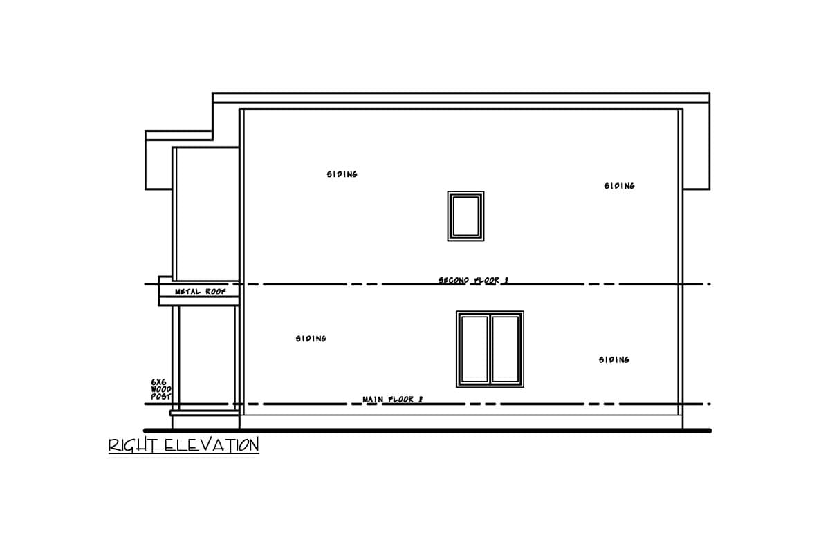 Right elevation house plan drawing showing siding, a metal roof, and wood posts supporting an upper structure.