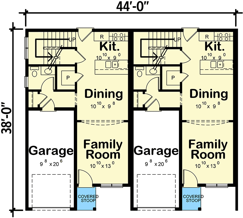 Plan 42451DB: Modern Duplex House Plan with 3 Bed 1277 Sq Ft Units - Floor Plan - Main Level - Contemporary, Mid Century Modern, Modern