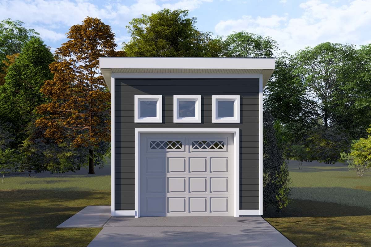 House plan exterior. One-story Modern garage with flat roof, three small windows, and a grid-paneled garage door.