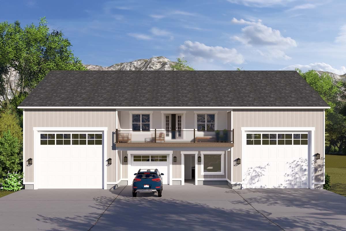 House plan exterior. Two-story with a second-story balcony. Features include a two-car garage, multiple gabled rooflines, and a symmetrical facade.
