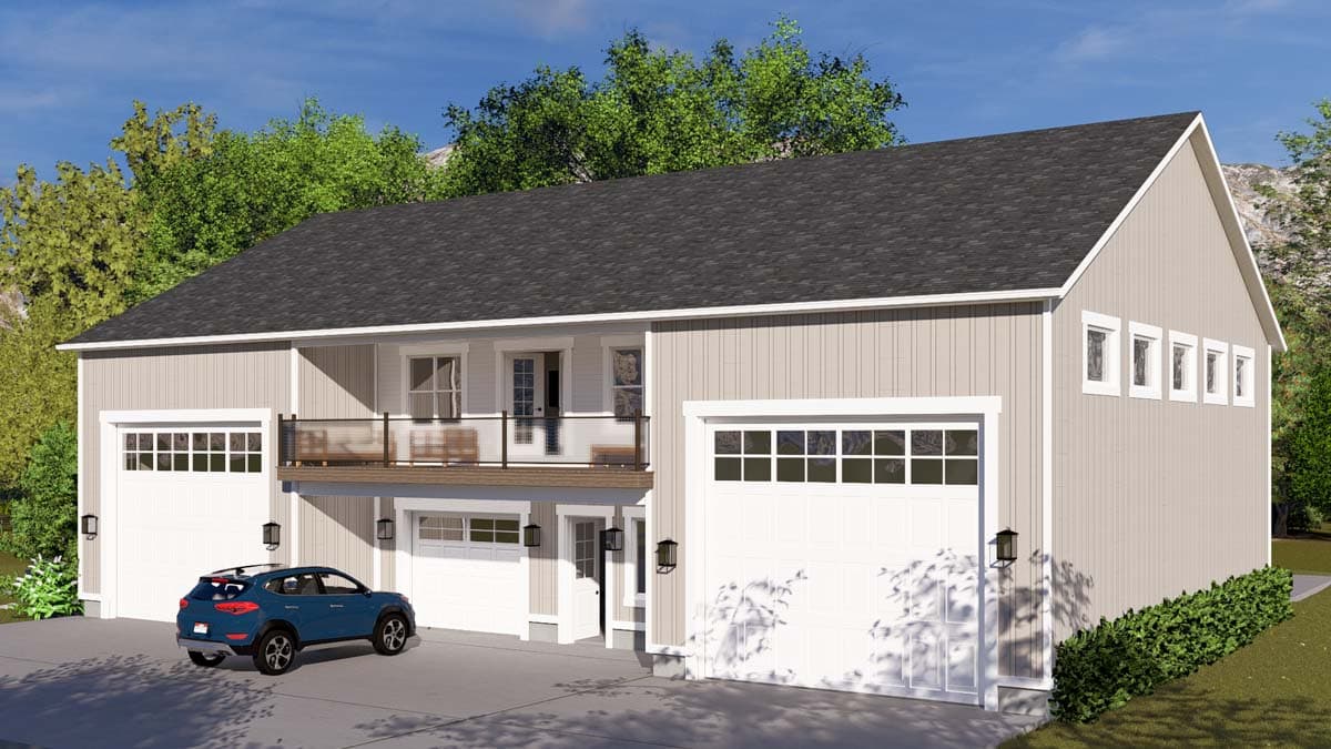 House plan exterior: Two-story design with three garage bays, second-story balcony, and five clerestory windows.