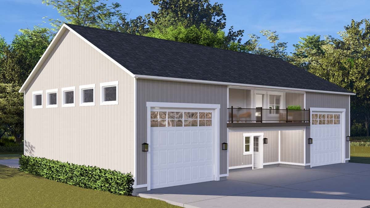 House plan exterior: Two-story, Modern Farmhouse style with three garage bays, a second-story balcony, and clerestory windows.