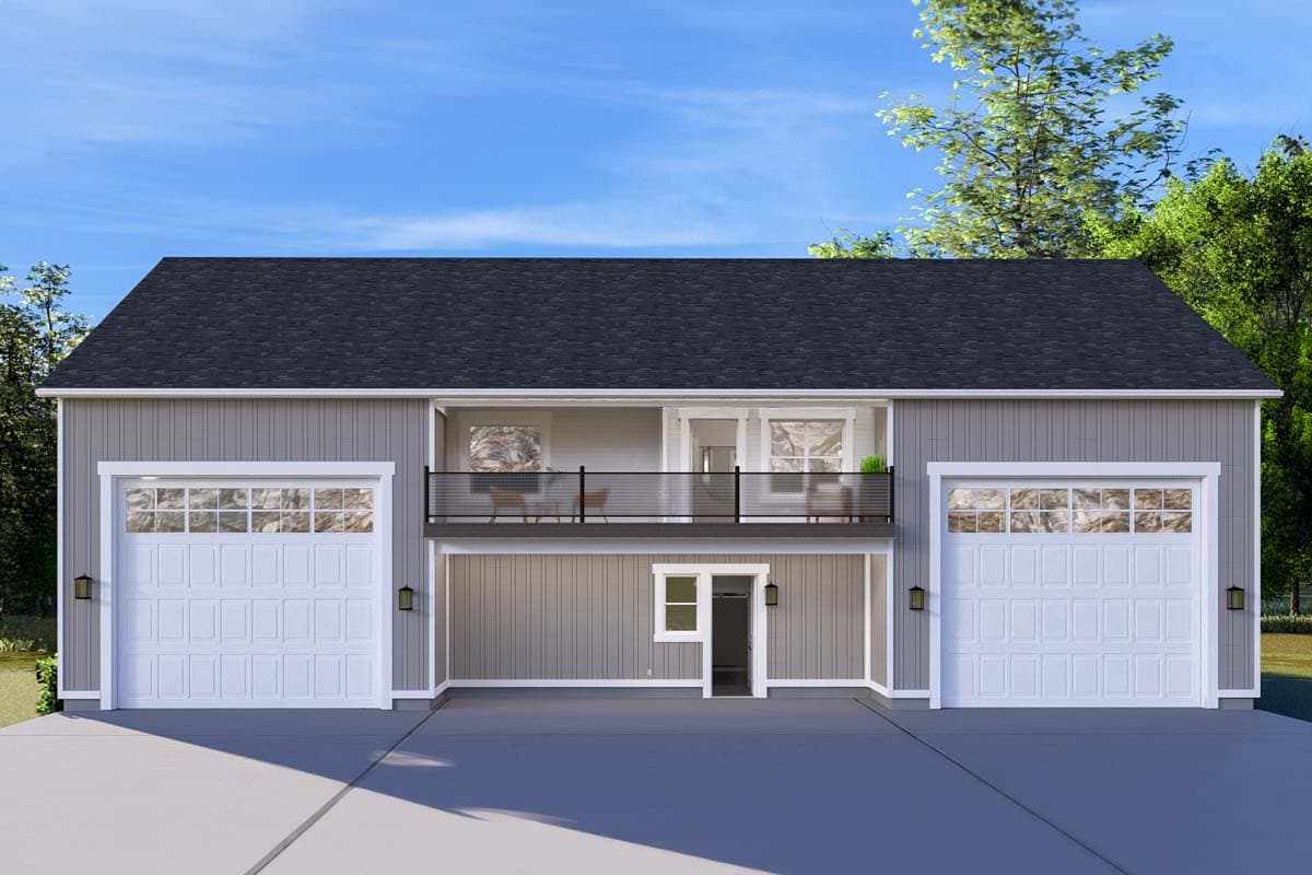 House plan exterior with a two-car garage, second-story balcony, and central entry.