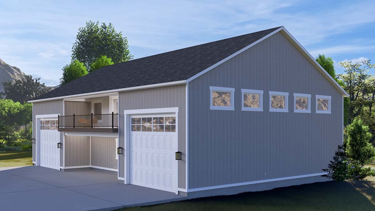 House plan exterior with two garage doors, a covered balcony, and narrow horizontal windows.